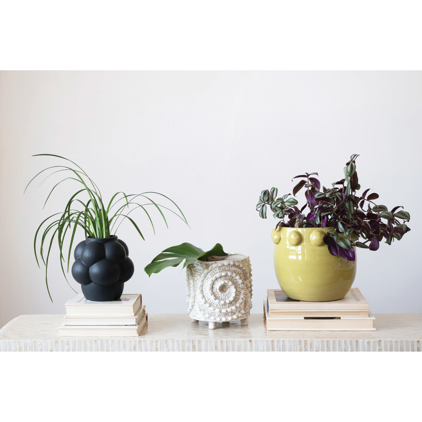 m. lynne designs chartreuse terracotta with raised dots planter