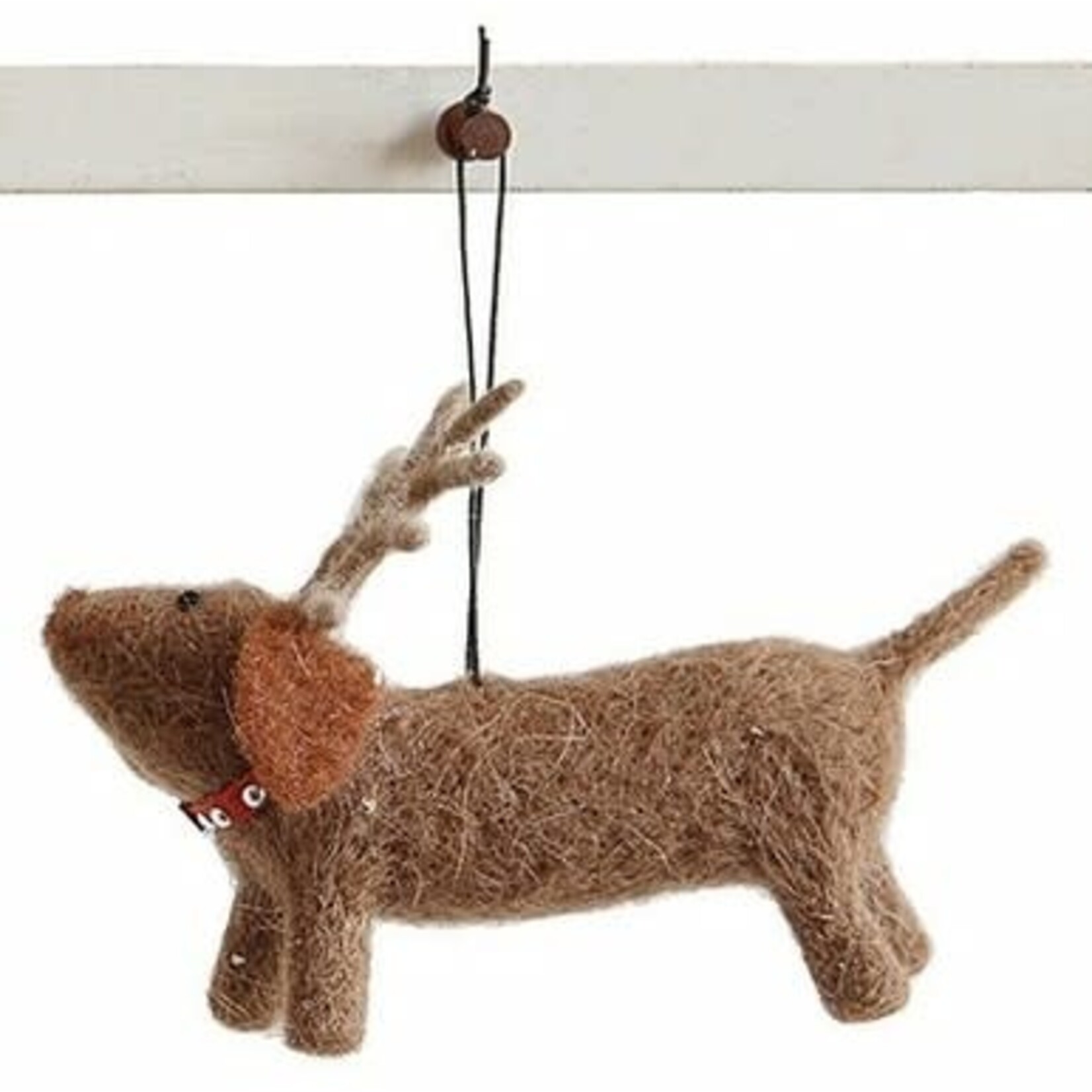 m. lynne designs wool dog with antler ornament