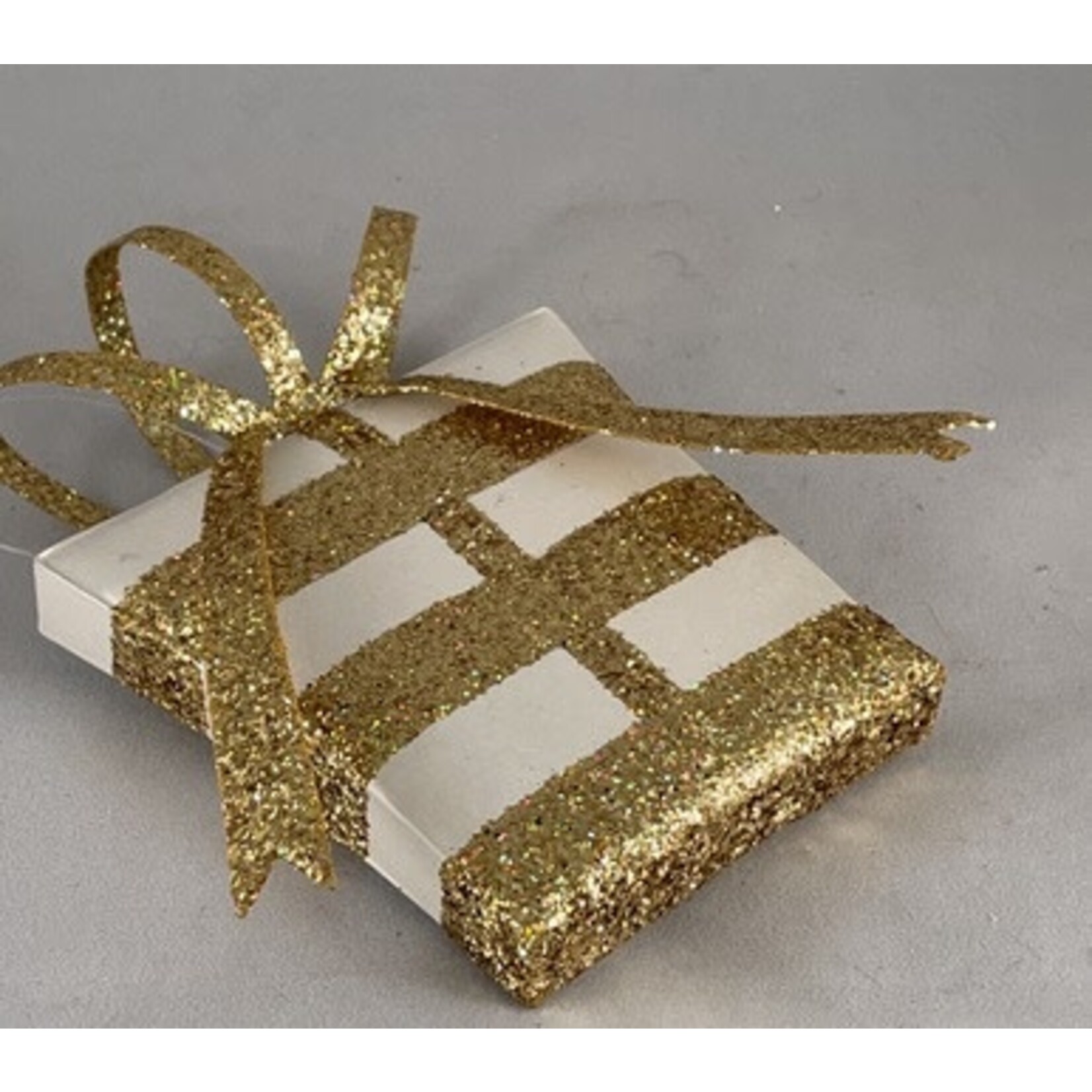 m. lynne designs gold & white flat package ornament