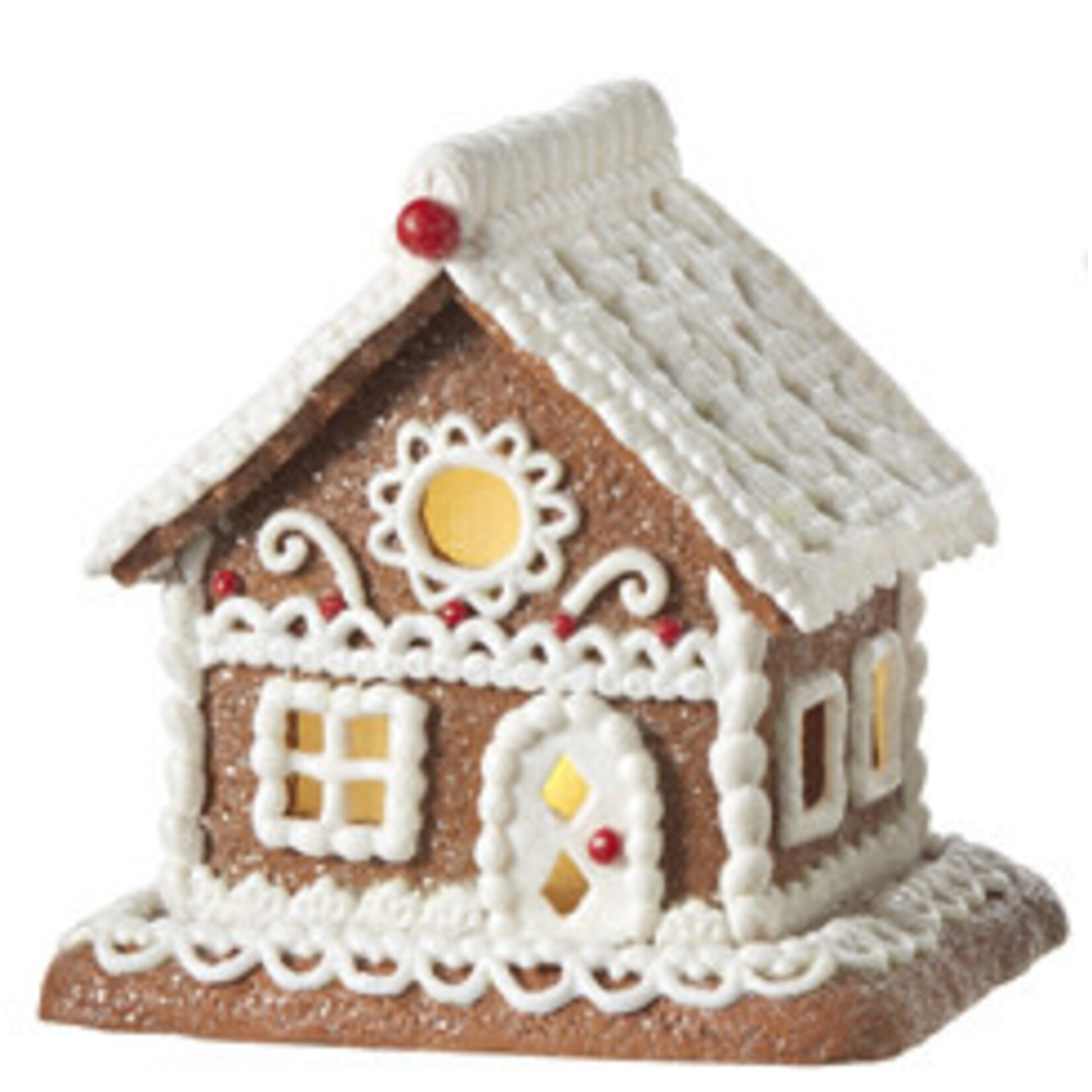 m. lynne designs gingerbread house with white icing & red accents