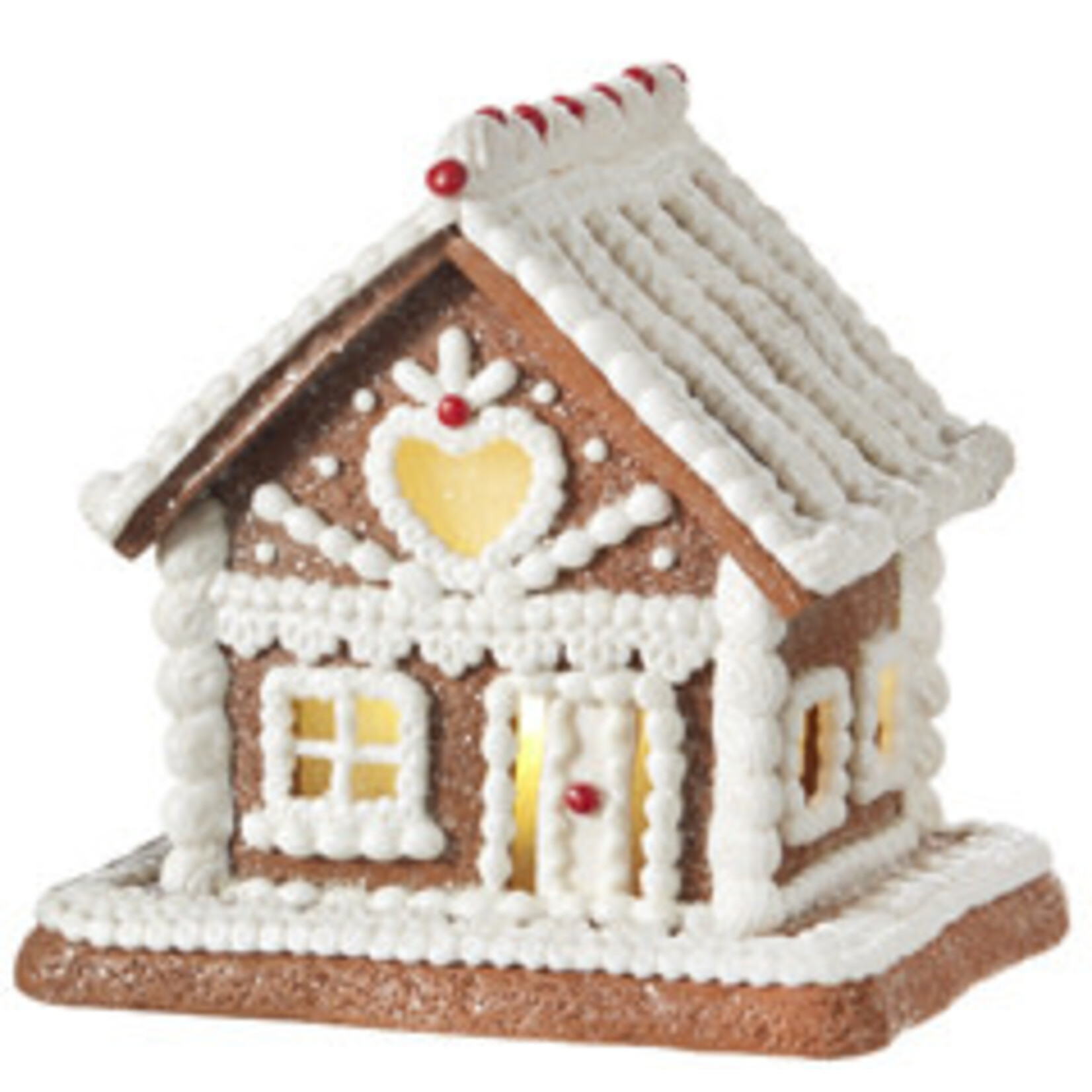 m. lynne designs gingerbread house with white icing & red accents