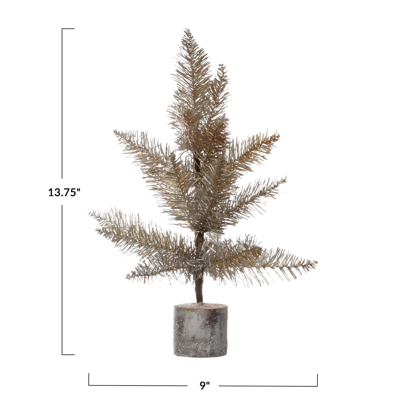 m. lynne designs gold tinsel tree with wood slice base