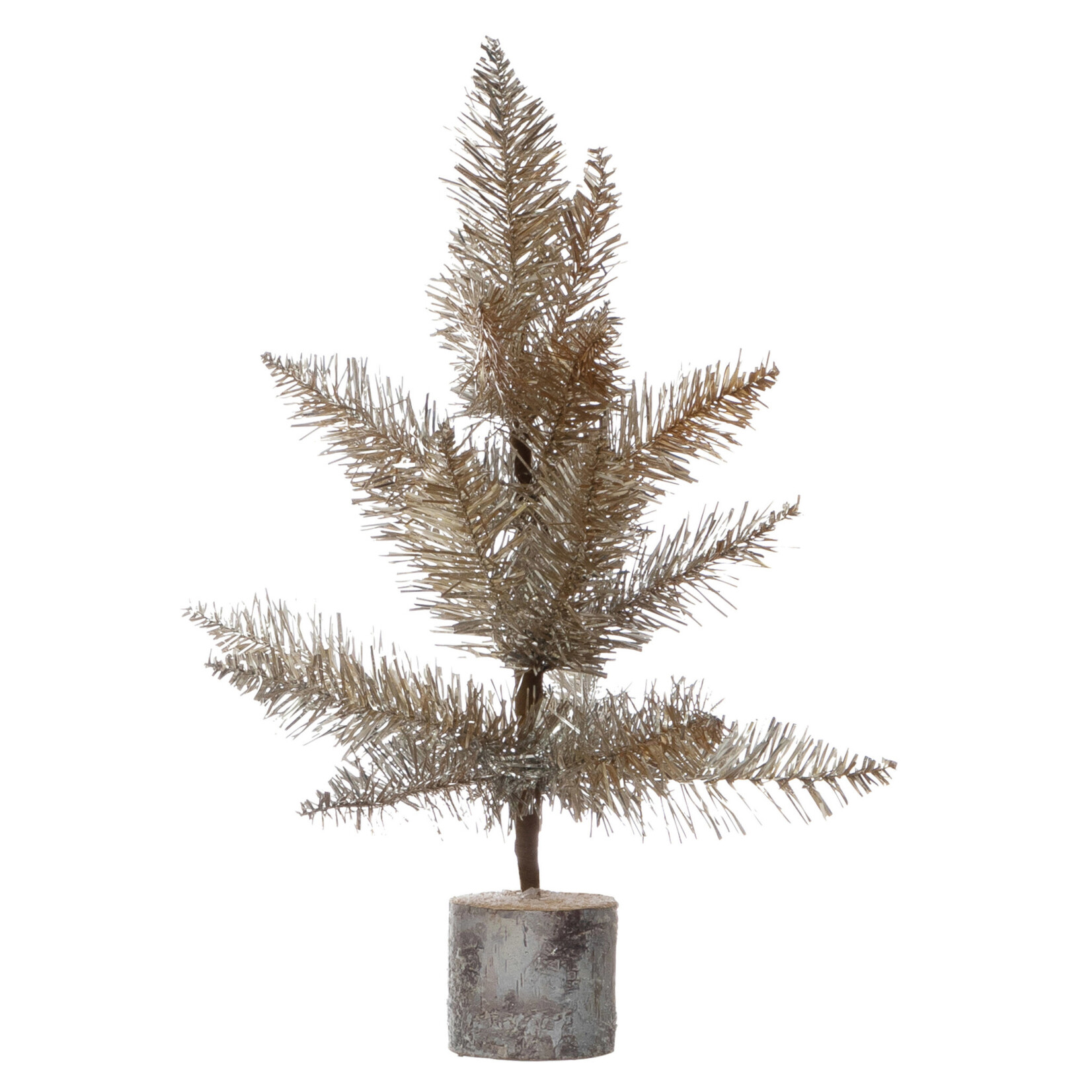 m. lynne designs gold tinsel tree with wood slice base