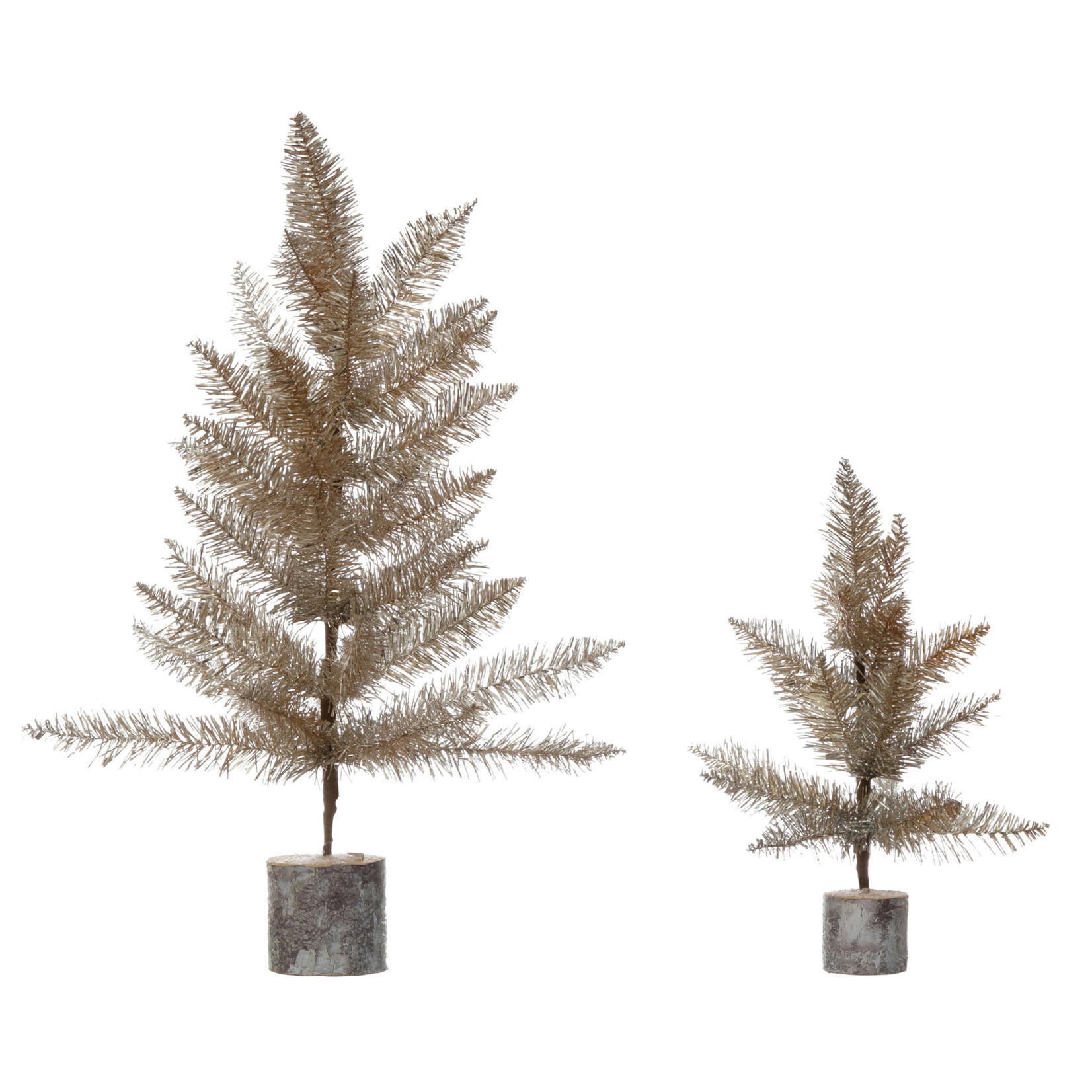 m. lynne designs gold tinsel tree with wood slice base