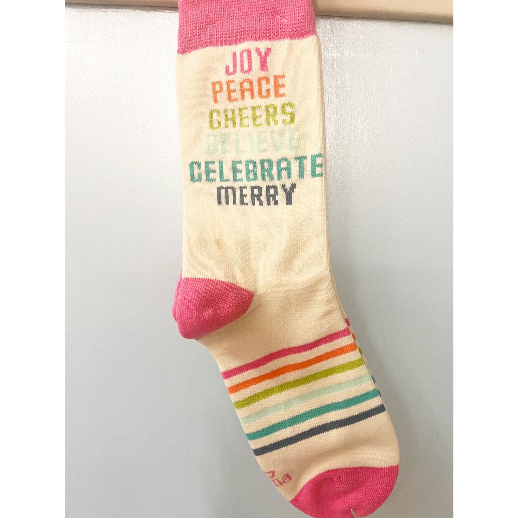 m. lynne designs joy, peace, cheers socks