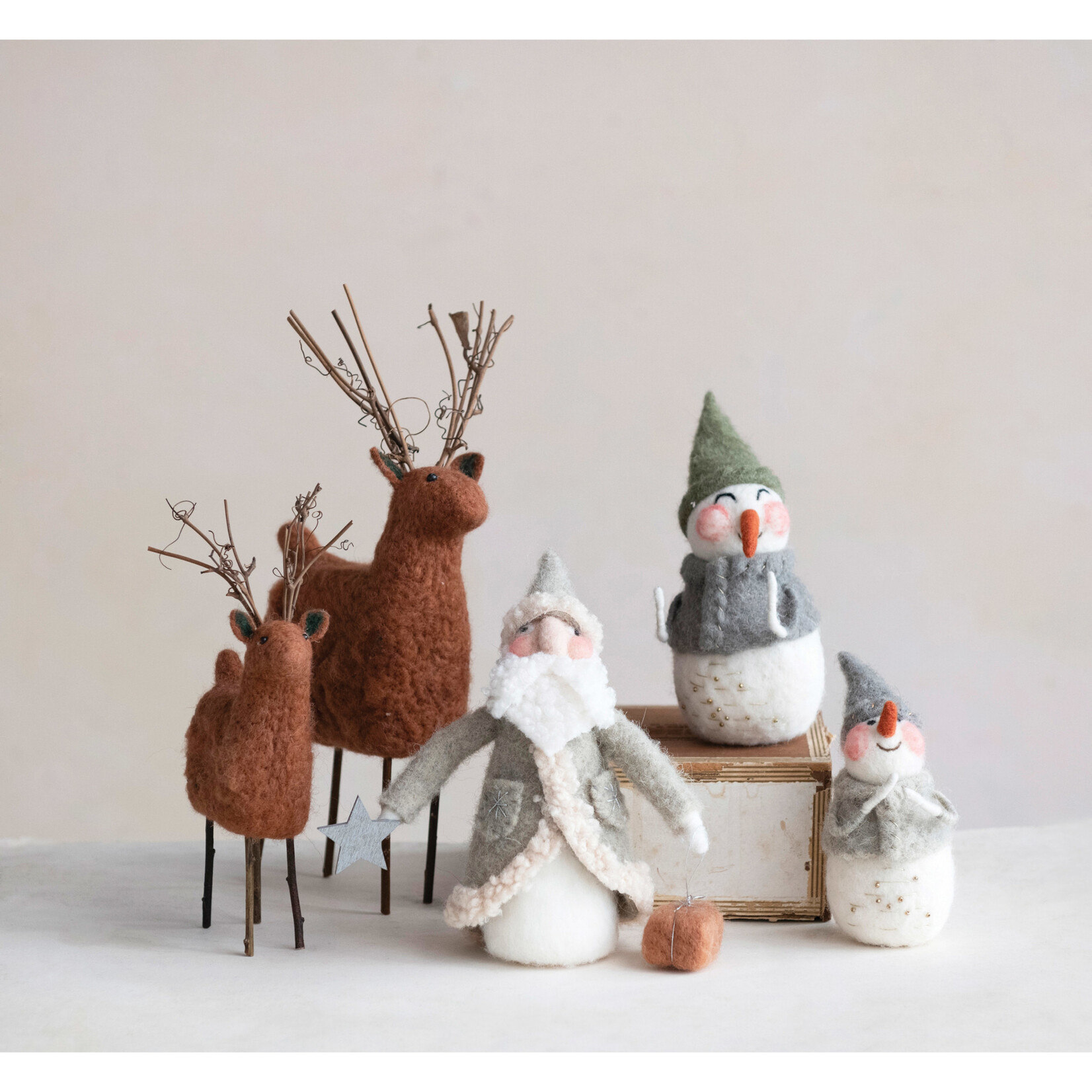m. lynne designs felt snowman with tan coat and gray hat