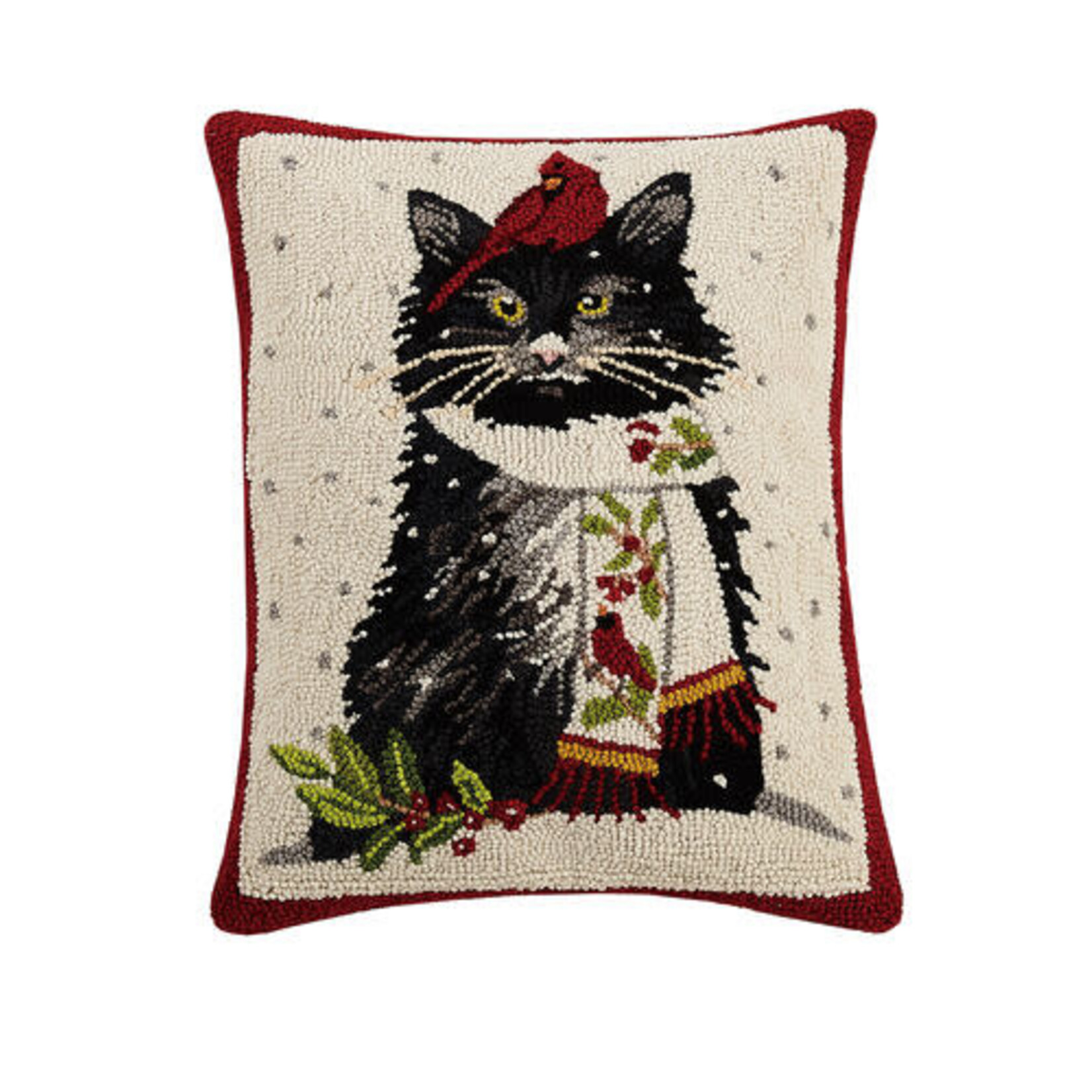 m. lynne designs holiday black cat with cardinal hook pillow