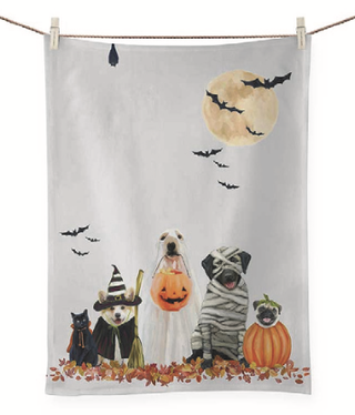 available at m. lynne designs halloween pups tea towel