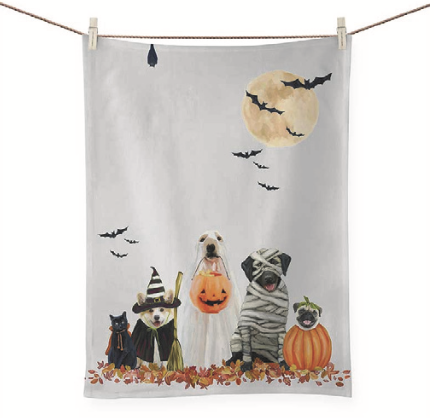 available at m. lynne designs halloween pups tea towel