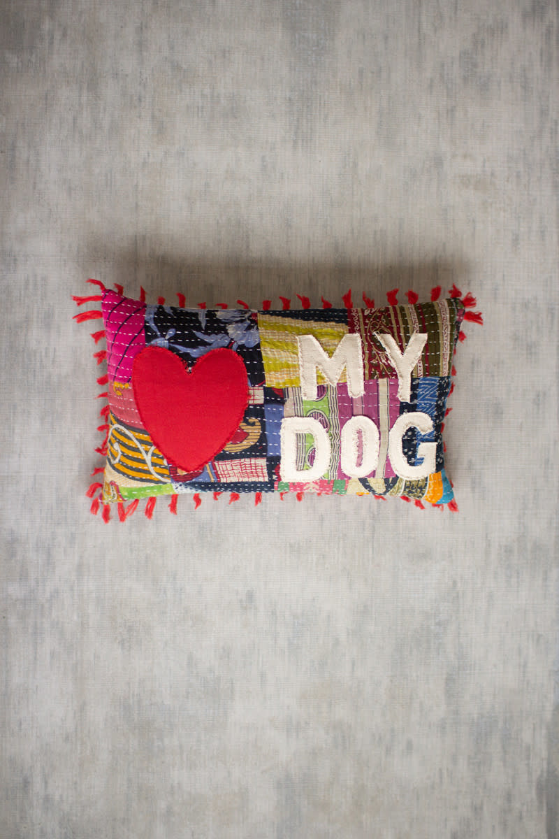 available at m. lynne designs I Love My Dog Kantha Pillow