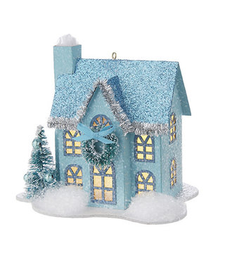 Blue Lighted Paper House Ornament