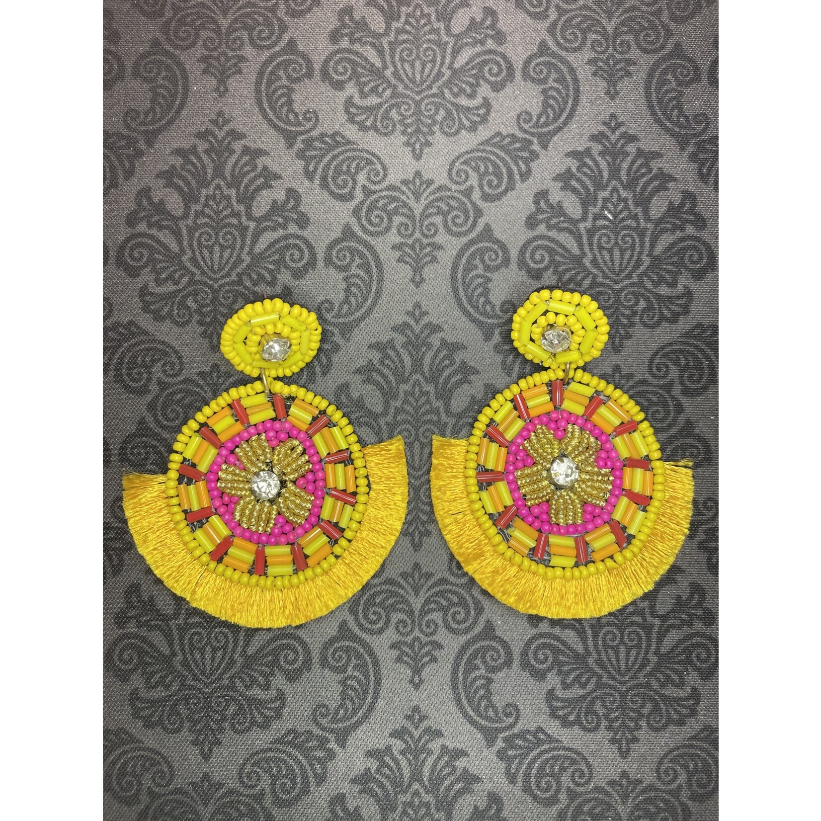 m. lynne designs yellow and pink beaded with fringe earring