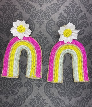 available at m. lynne designs Pink and Yellow Beaded Rainbow Earring