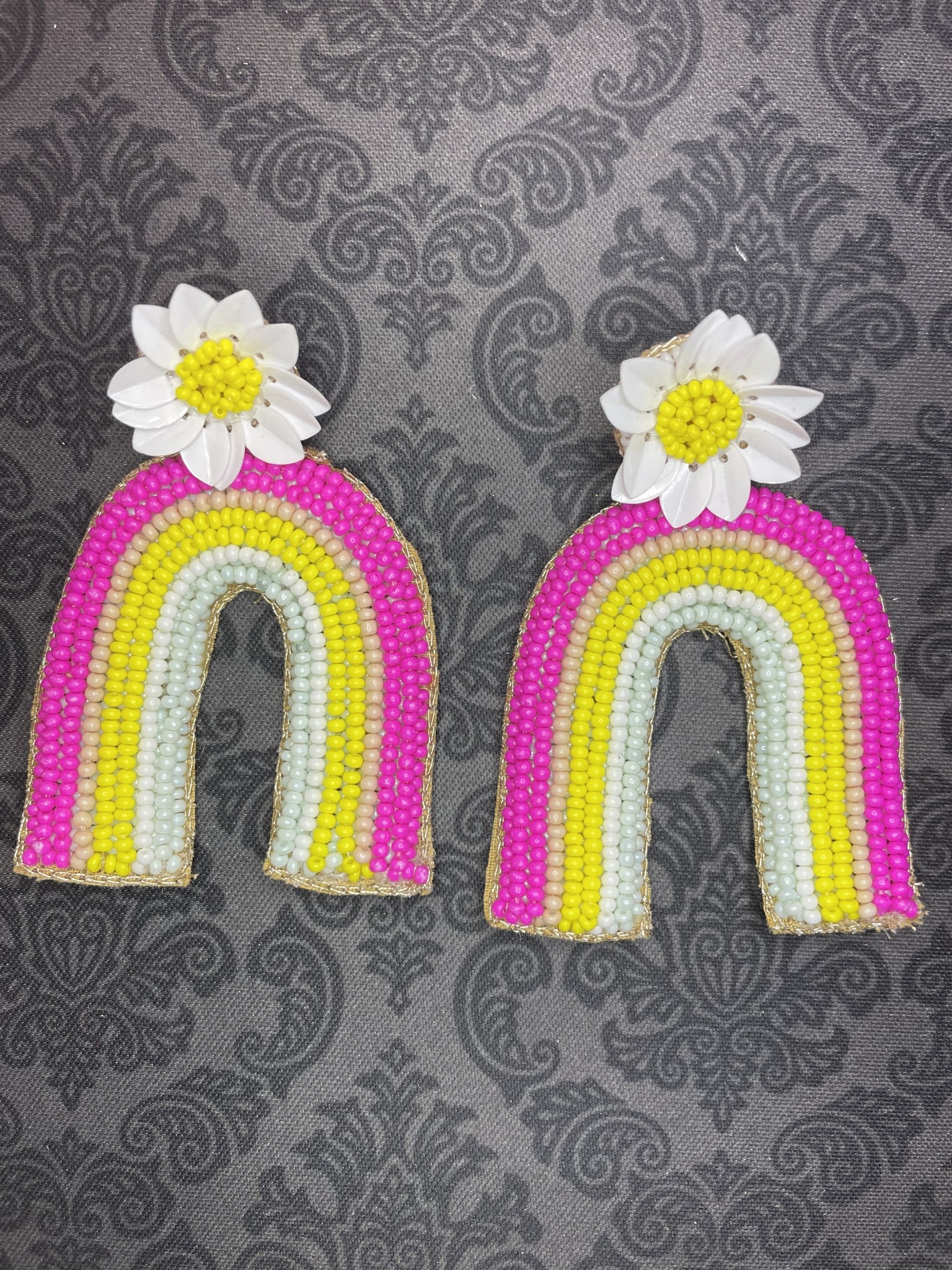 available at m. lynne designs Pink and Yellow Beaded Rainbow Earring