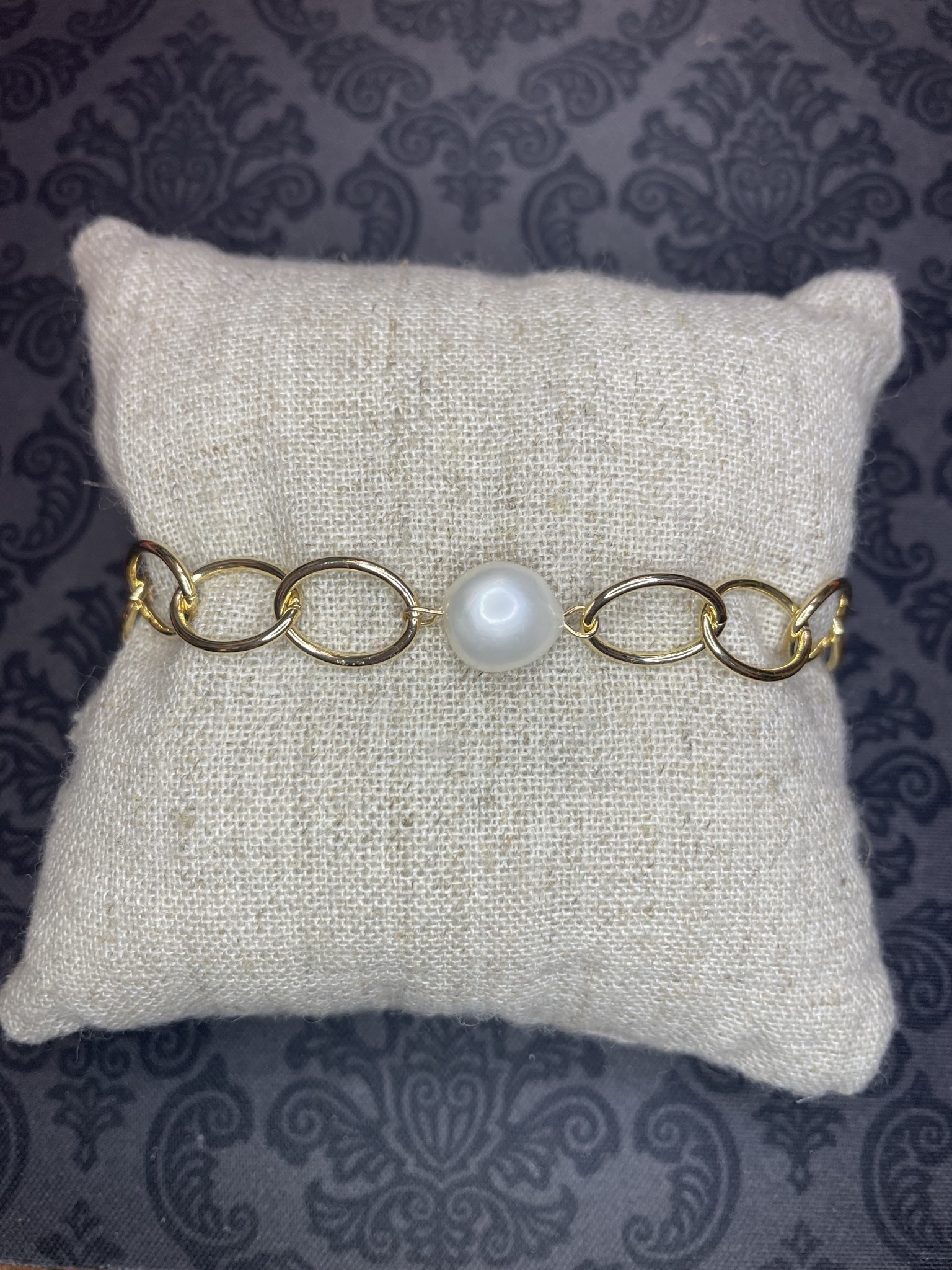available at m. lynne designs Gold Link with Single Pearl Bracelet