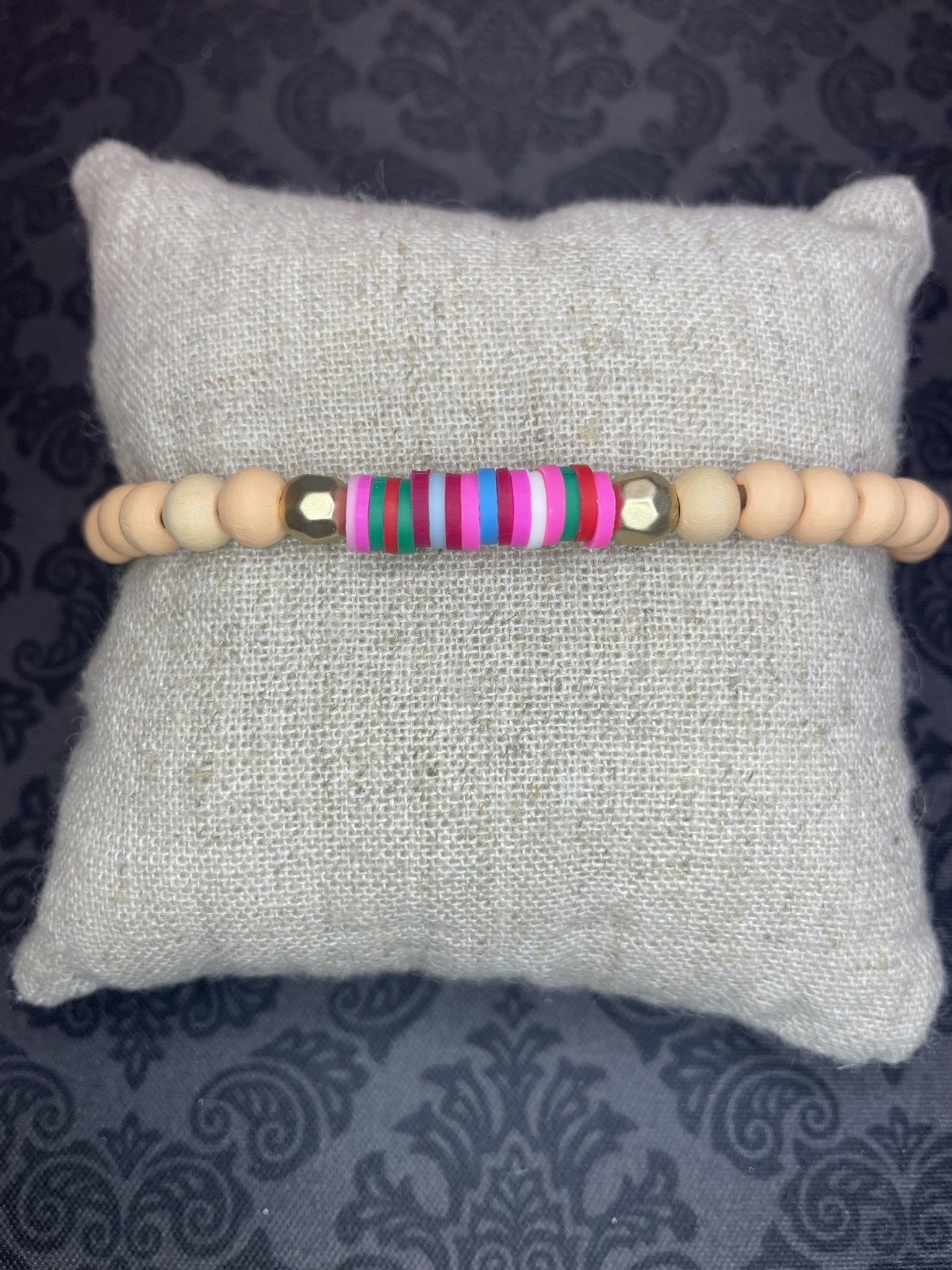 available at m. lynne designs Tan Bead with Gold Accents and Colorful Slices Bracelet