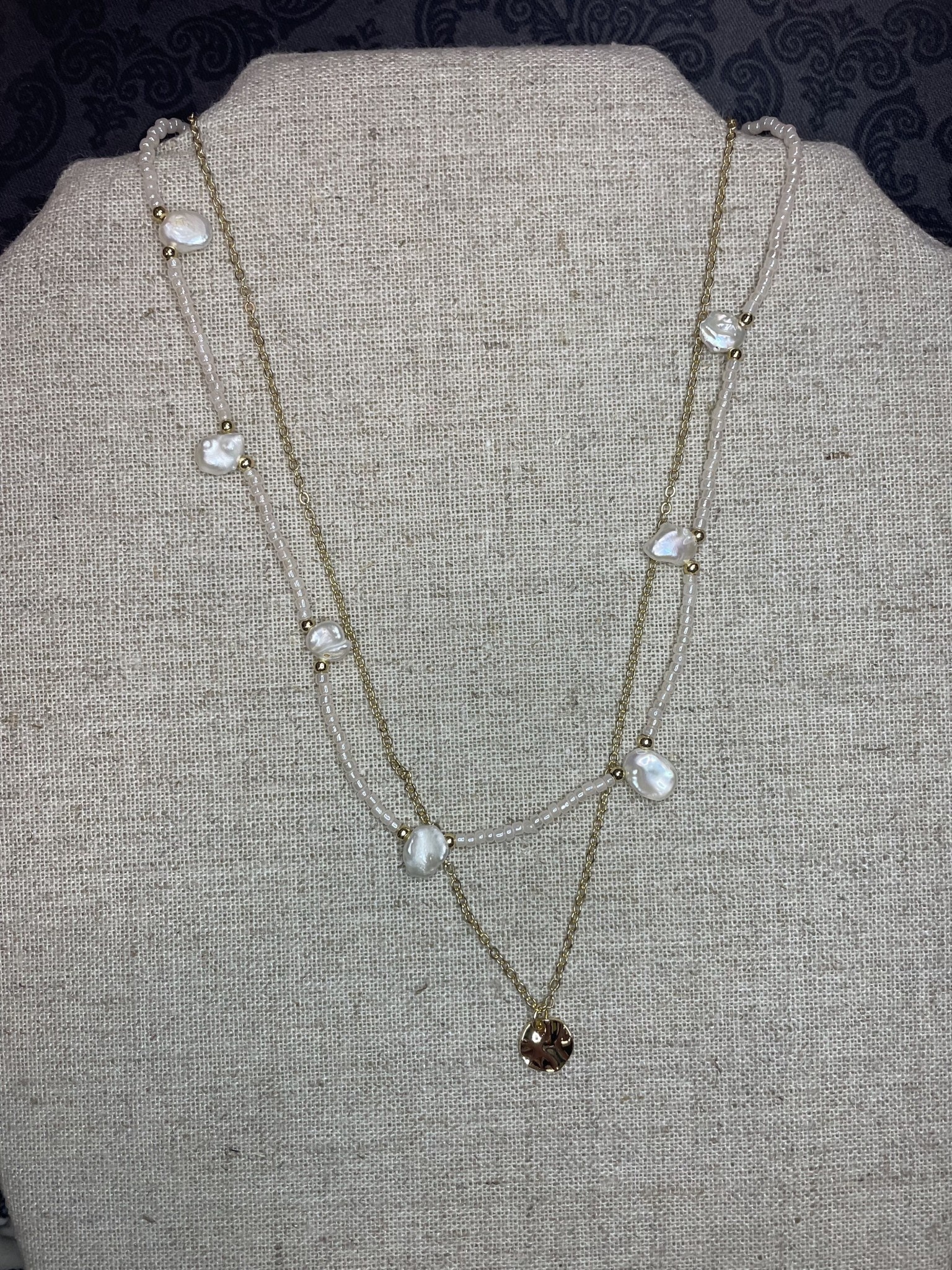 available at m. lynne designs Double link Pearl and Gold with Drop Necklace
