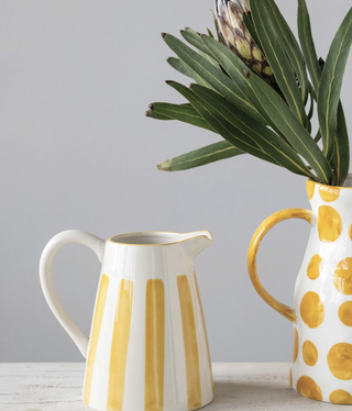 available at m. lynne designs Yellow and White Stoneware with Stripes Pitcher