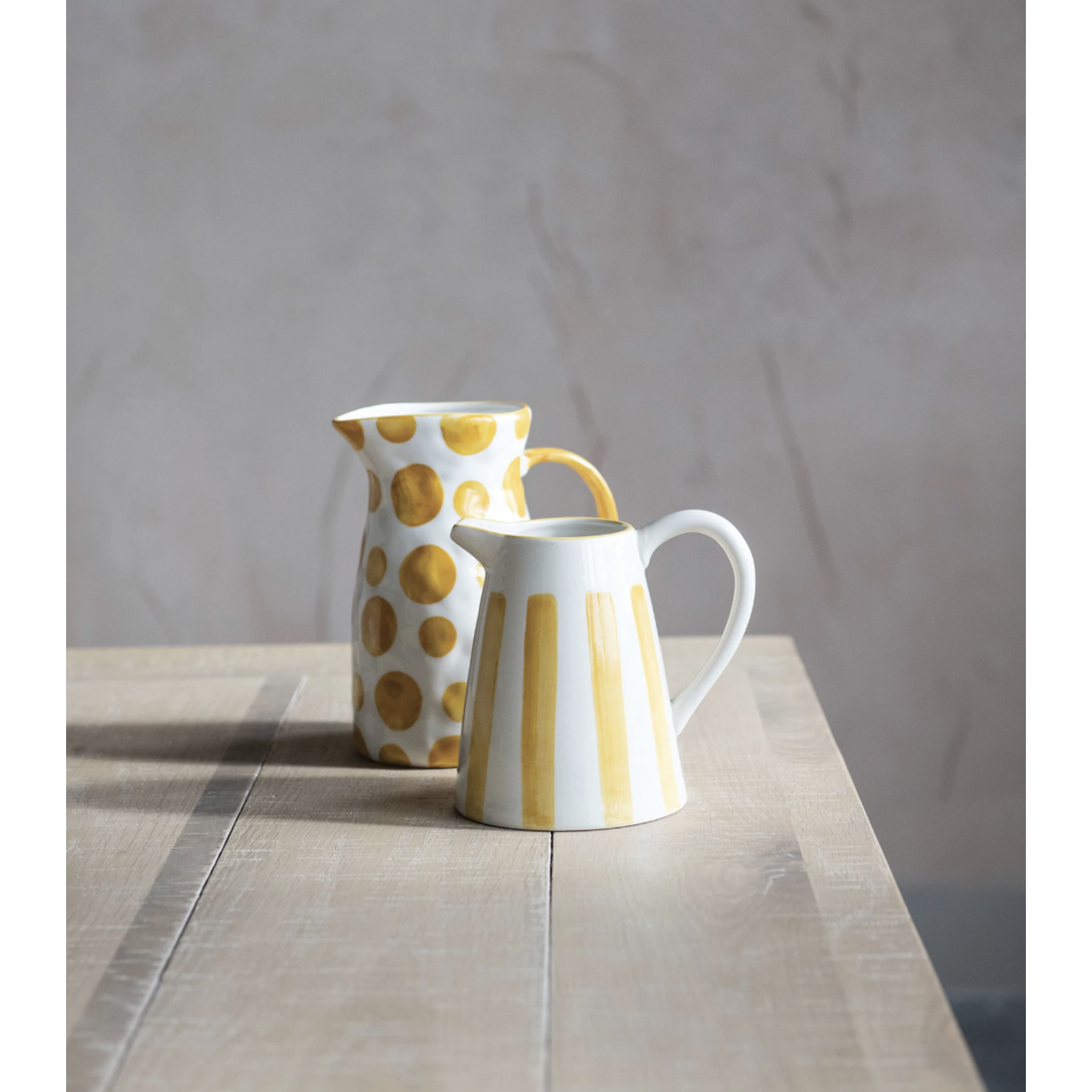 m. lynne designs stoneware yellow and white polka dots pitcher