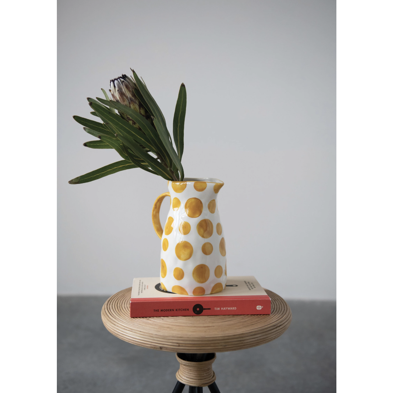 m. lynne designs stoneware yellow and white polka dots pitcher