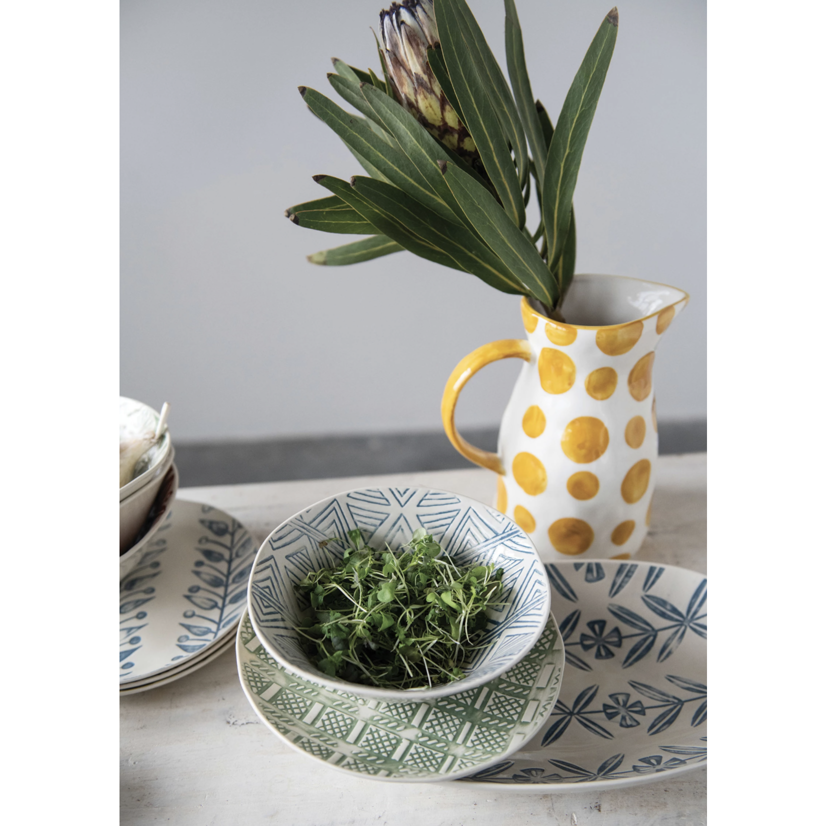 m. lynne designs stoneware yellow and white polka dots pitcher