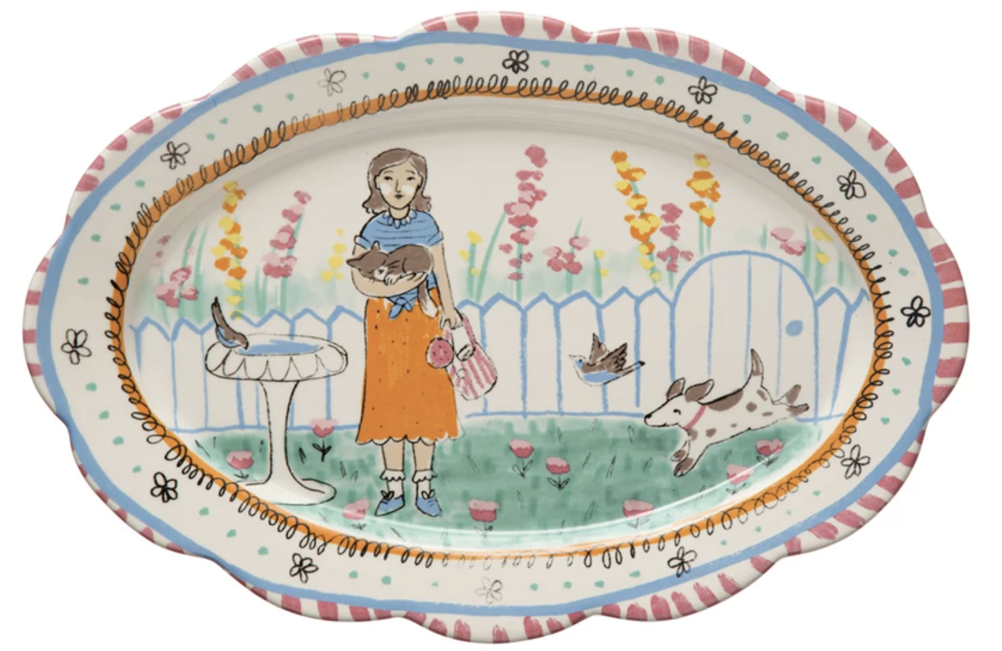 available at m. lynne designs decorative ceramic platter with lady in garden