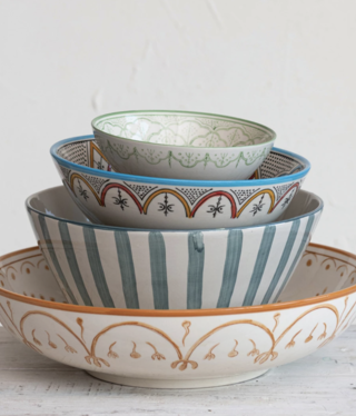 available at m. lynne designs Teal Stripes with Reactive Glaze Serving Bowl