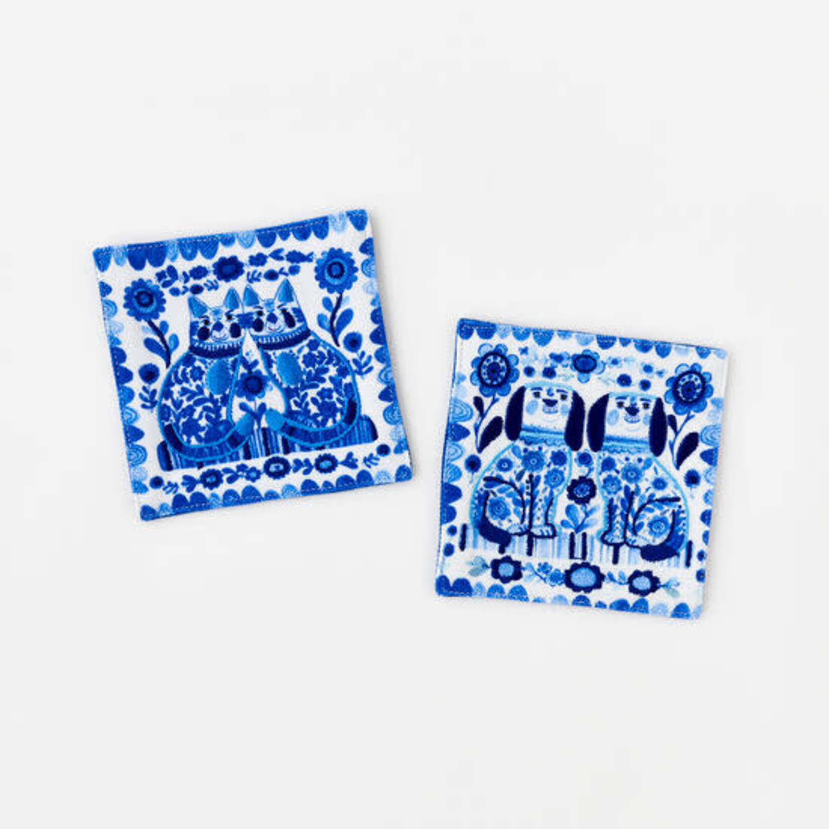 m. lynne designs embroidered blue and white dog/cat coaster