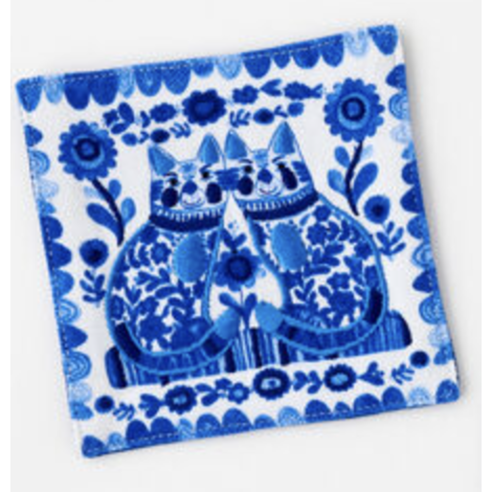 m. lynne designs embroidered blue and white dog/cat coaster
