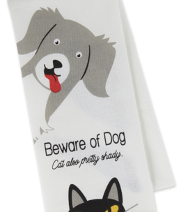 available at m. lynne designs Beware of Dog & Cat Tea Towel