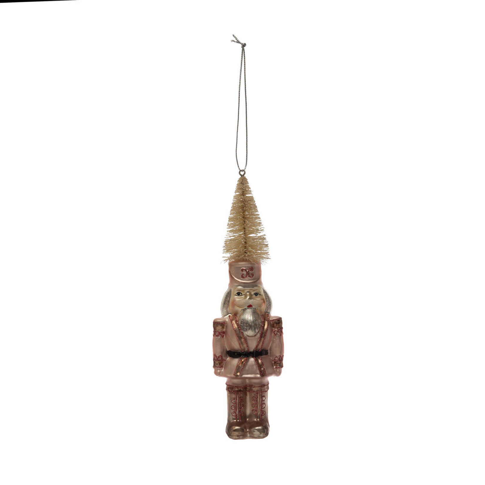 m. lynne designs pink hand-painted glass soldier with bottlebrush hat and glitter