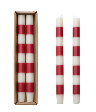 available at m. lynne designs cream & red stripe taper candle, set of two