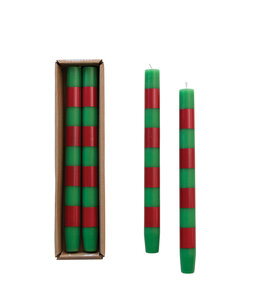 available at m. lynne designs green & red stripe taper candle, set of two