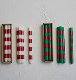 available at m. lynne designs green & red stripe taper candle, set of two