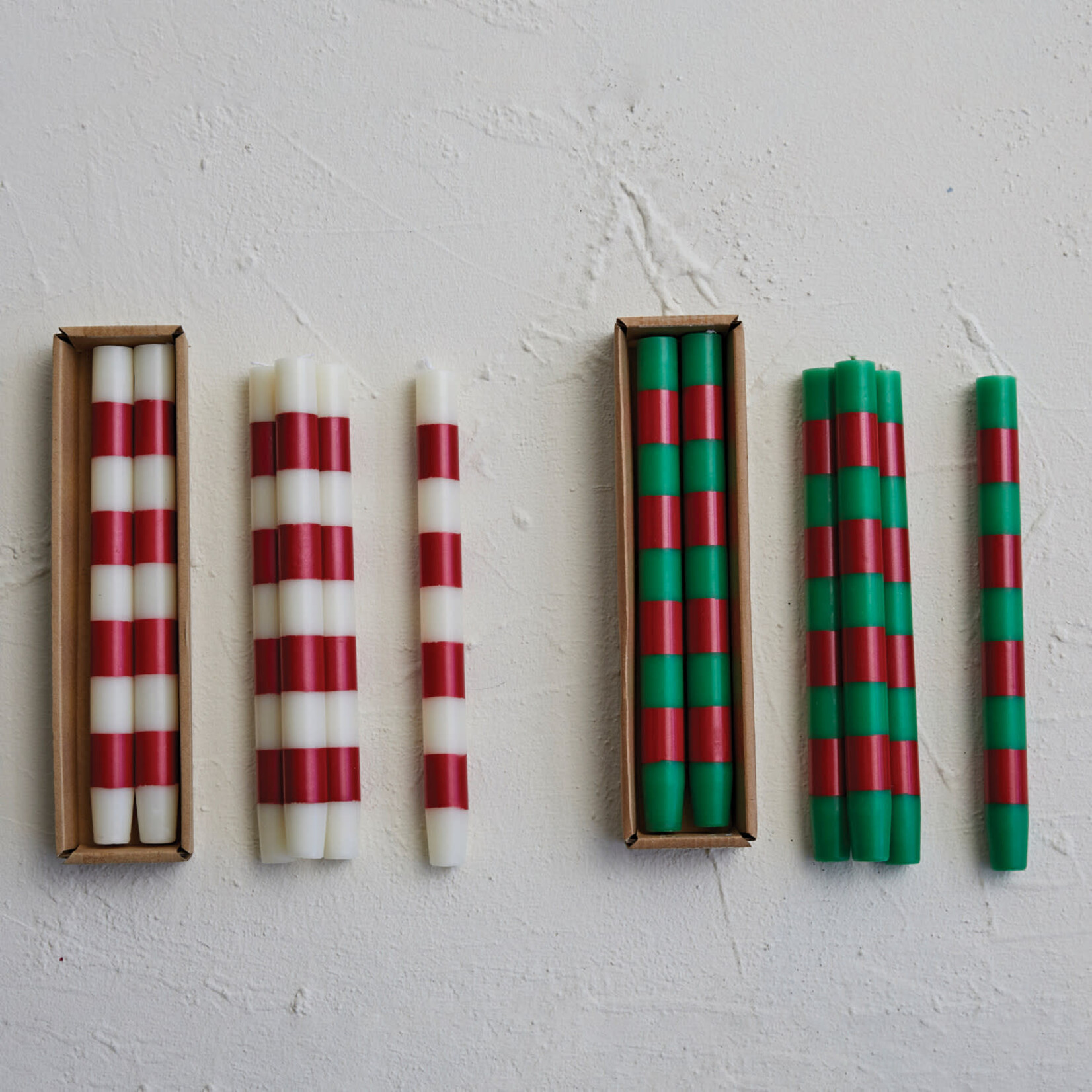m. lynne designs green & red stripe taper candle, set of two