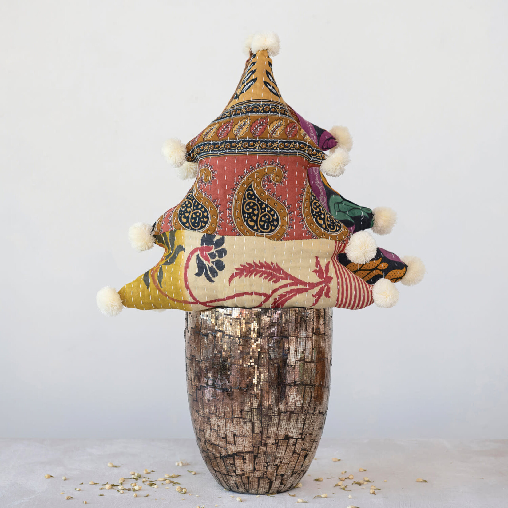m. lynne designs kantha tree shaped pillows with pom poms