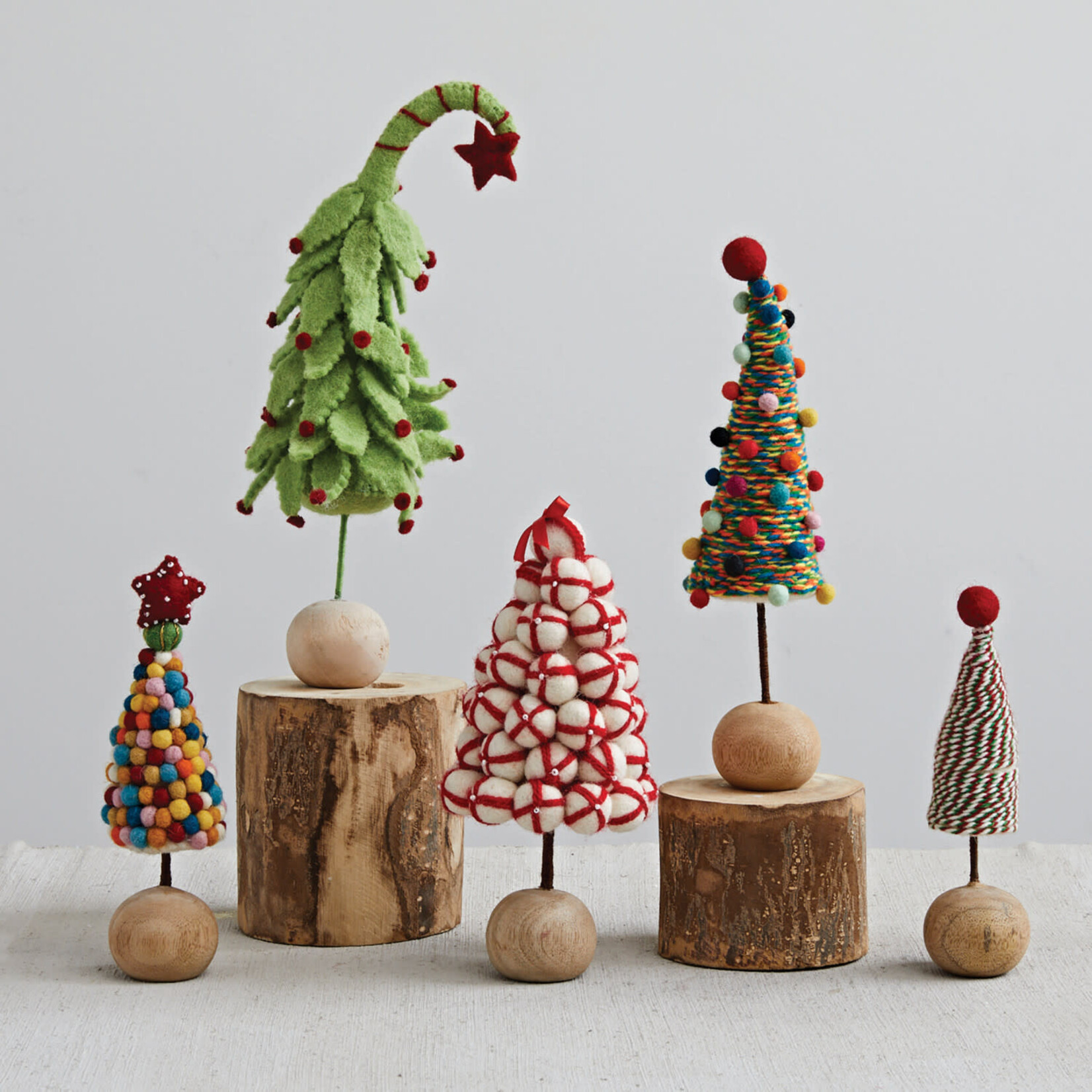 m. lynne designs multi-color felt tree with pom poms on wood base