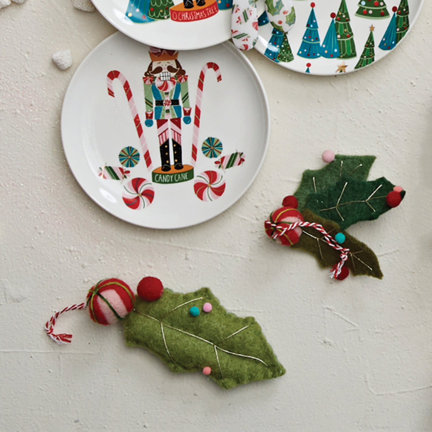 m. lynne designs felt holly ornament with peppermint