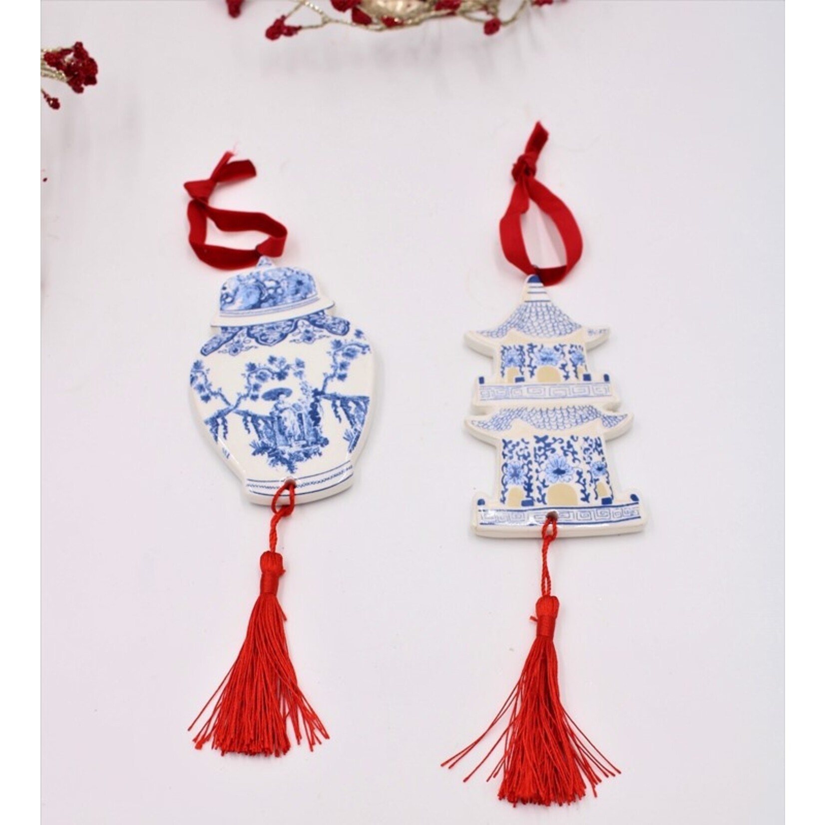 m. lynne designs blue & white ceramic ornament with tassel