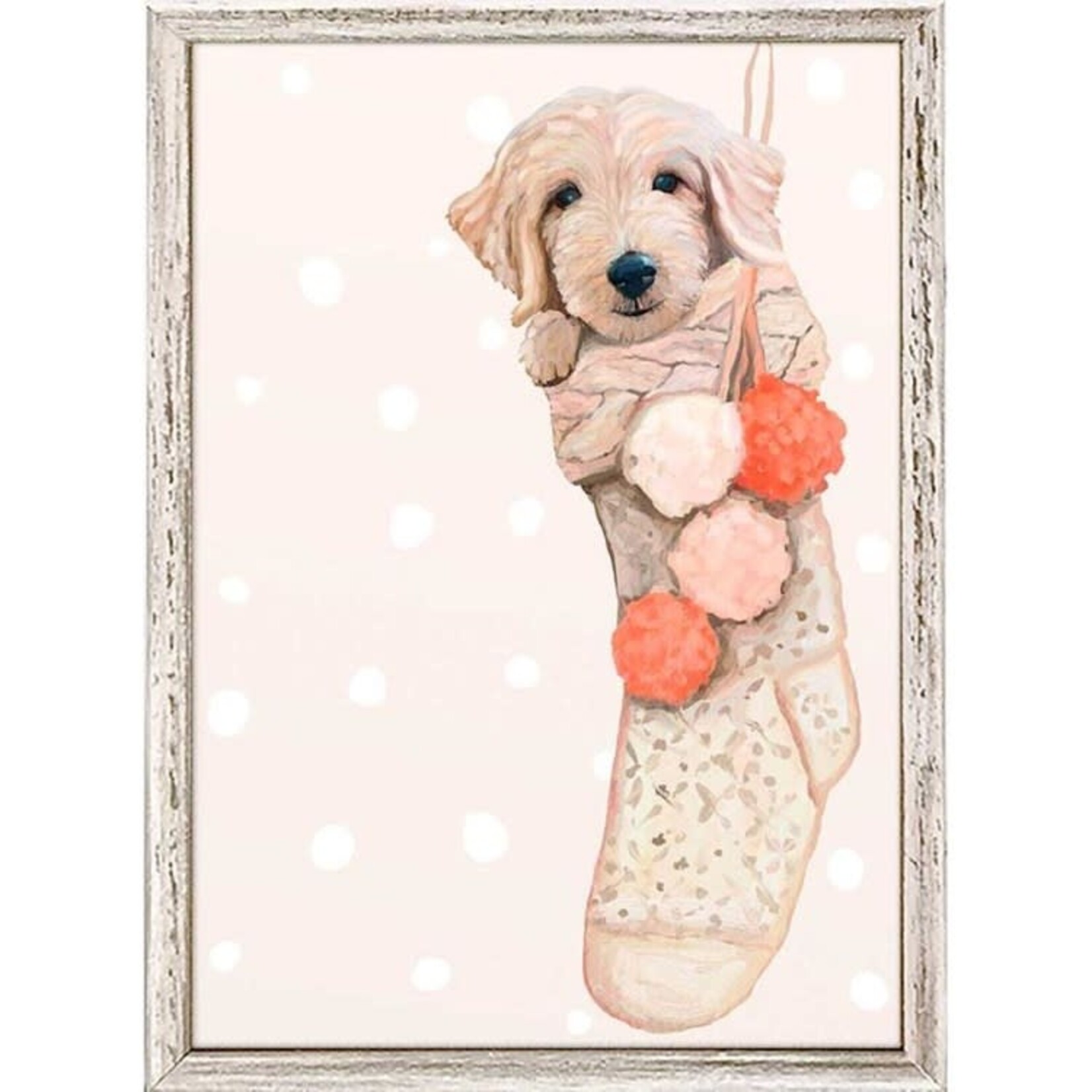 m. lynne designs golden doodle pup in stocking framed canvas