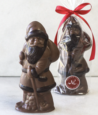 available at m. lynne designs Milk & Dark Chocolate Santa, 5oz.