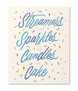 available at m. lynne designs Streamers and Sparkles and Candles Card
