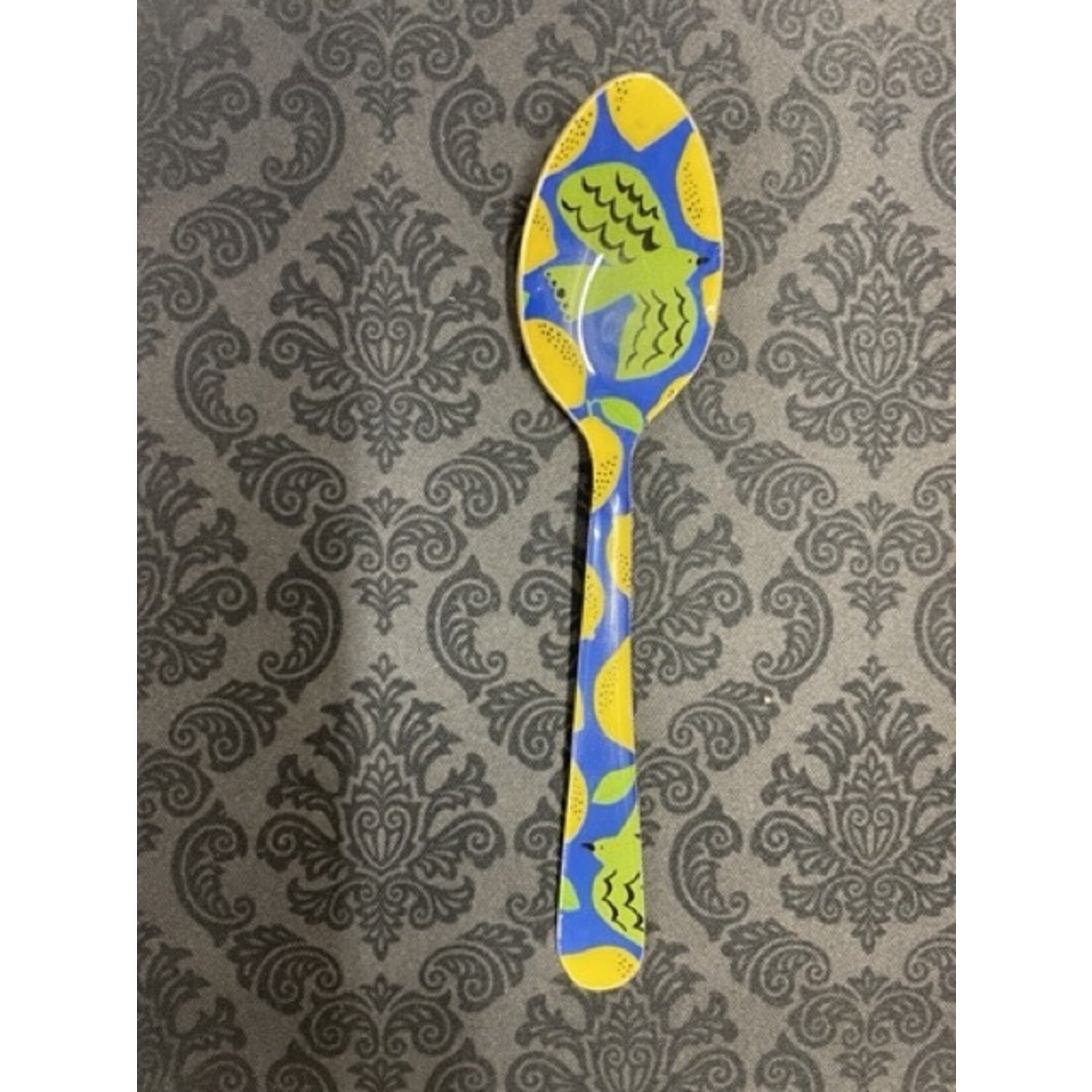 m. lynne designs blue with bird and lemons enamel spoon