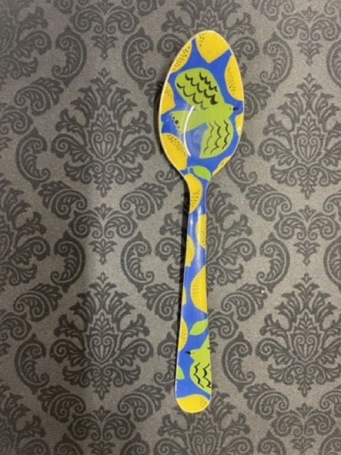 available at m. lynne designs Blue with Bird and Lemons Enamel Spoon