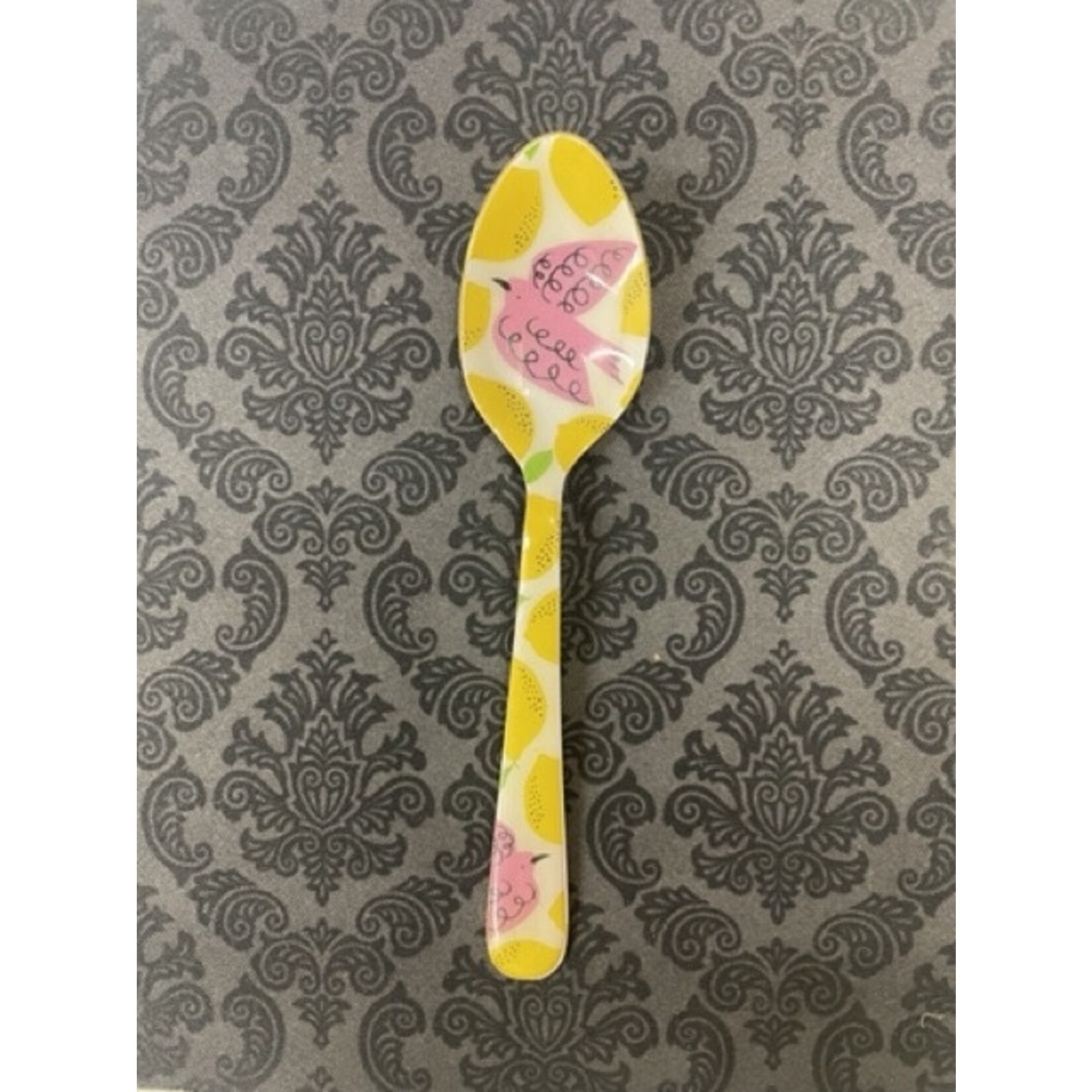 m. lynne designs yellow enamel spoon with bird and lemons