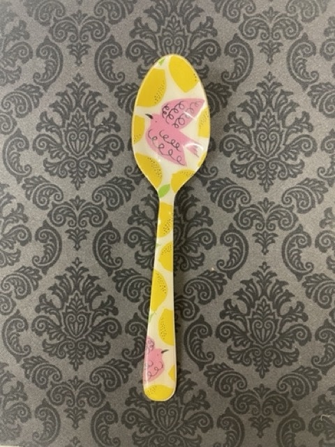 available at m. lynne designs Yellow Enamel Spoon with Bird and Lemons
