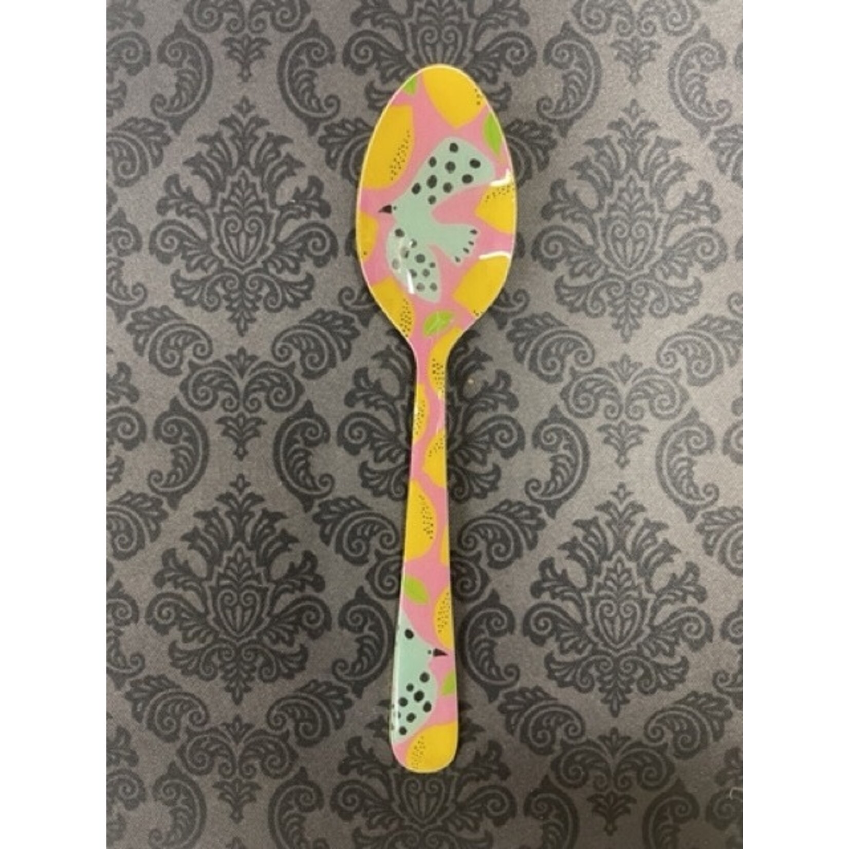 m. lynne designs pink enamel spoon with bird and lemons