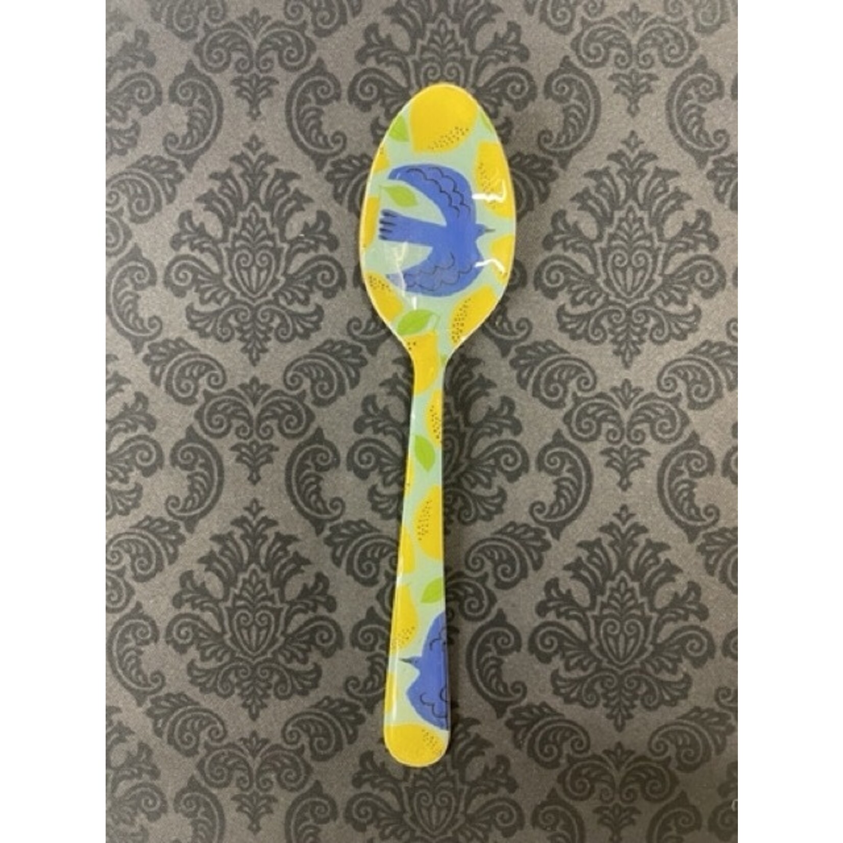 m. lynne designs teal enamel spoon with bird and lemons