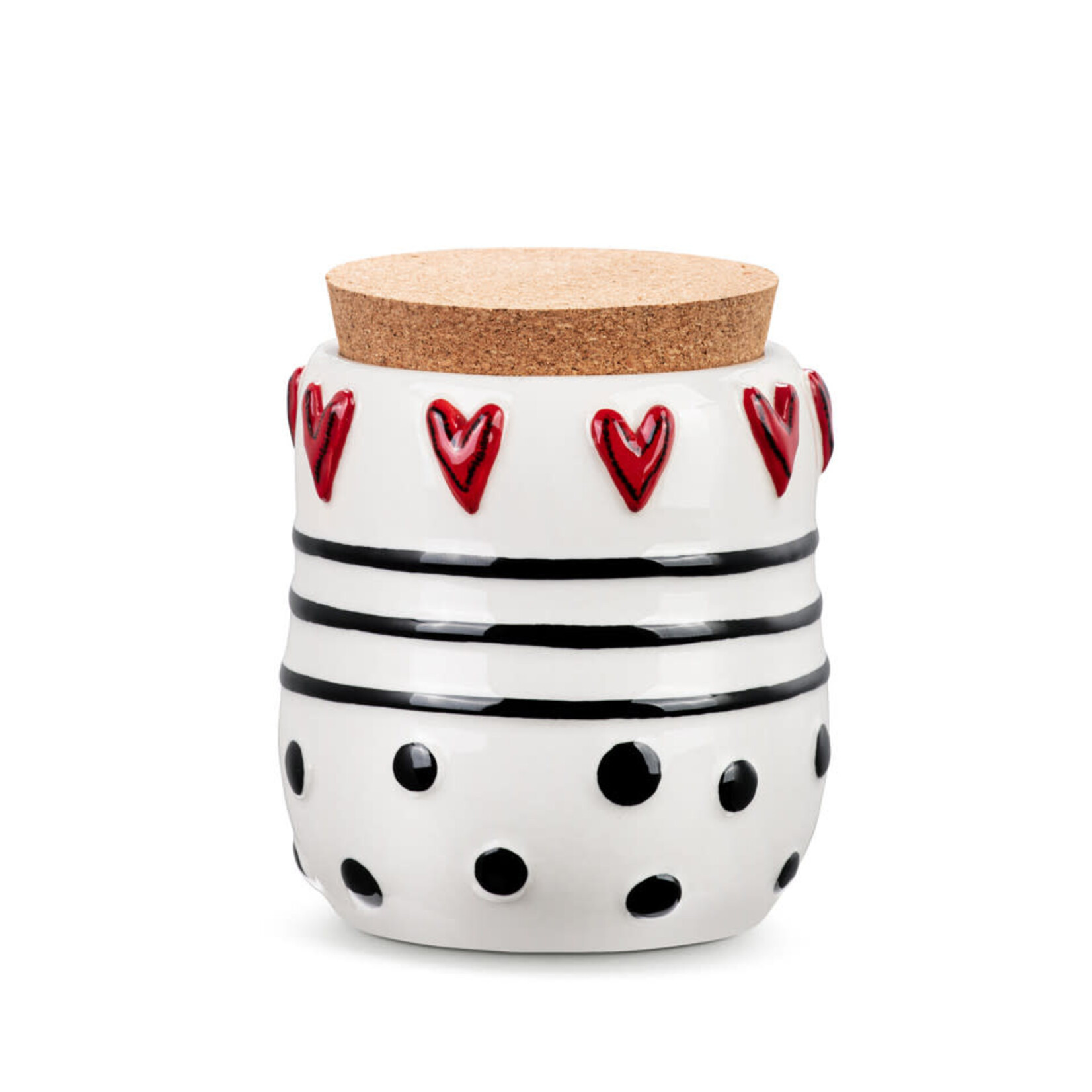 available at m. lynne designs dots & hearts with cork lid canister