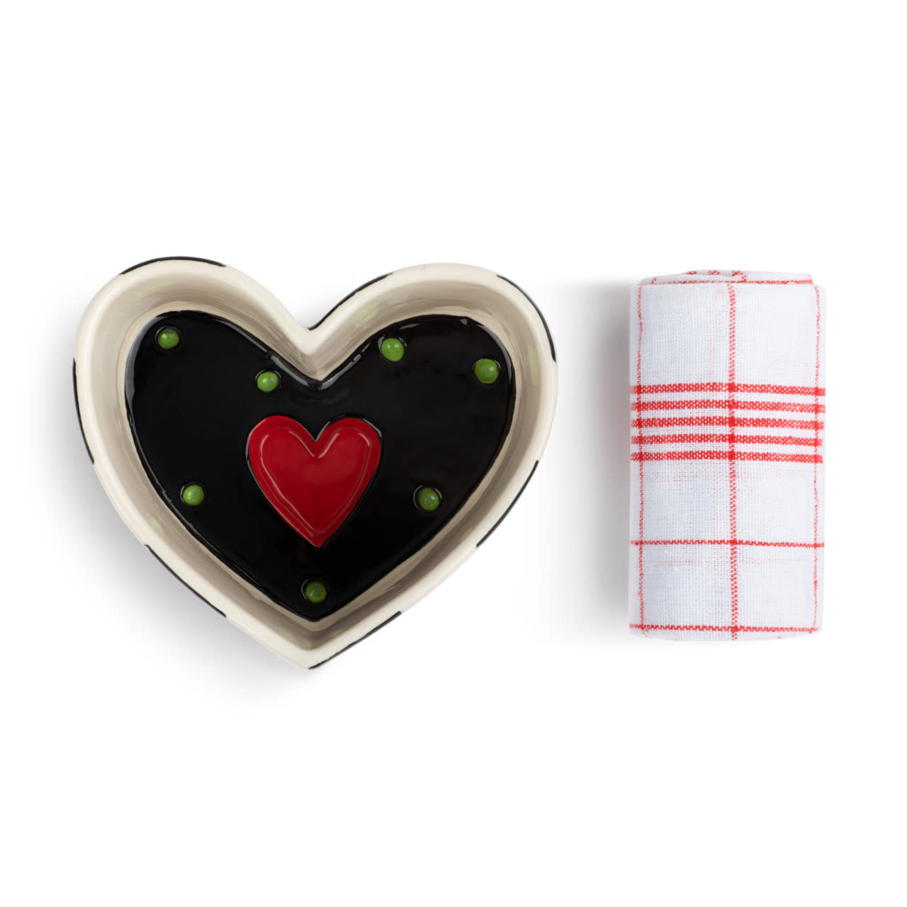 available at m. lynne designs mini red heart pan with towel set